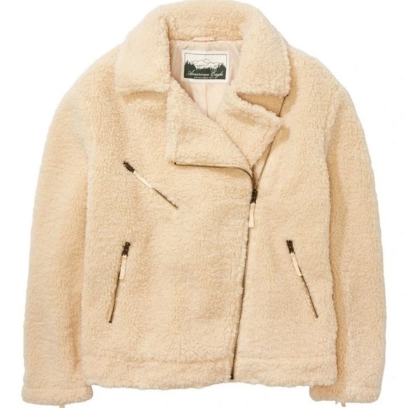 American Eagle‎ Sherpa Moto jacket size small Women's Cream Sherpa Jacket - Picture 1 of 6